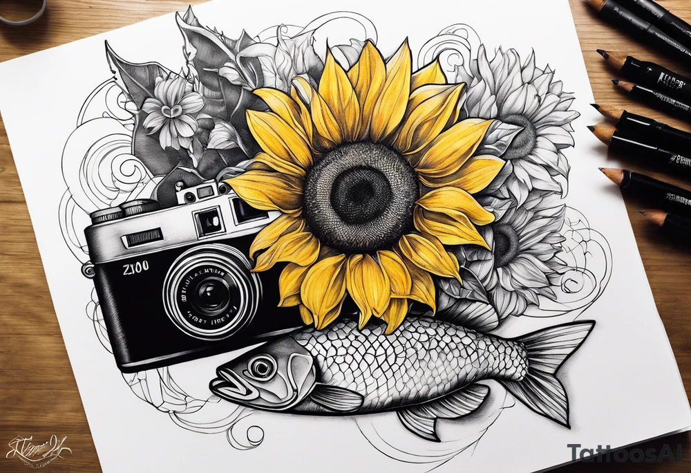 sunflower, camera, fish , éclair tattoo idea
