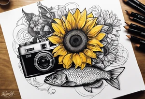 sunflower, camera, fish , éclair tattoo idea