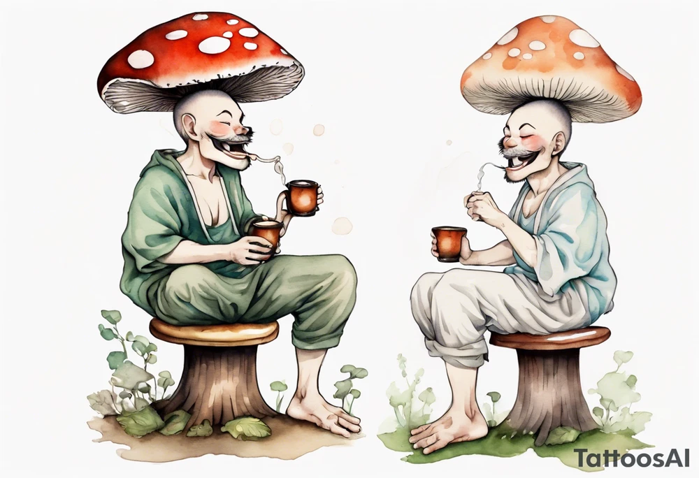 a mushroom wearing a tunic sitting on a stool drinking from a wood mug, laughing tattoo idea