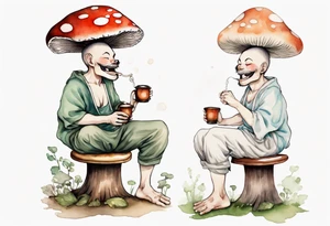 a mushroom wearing a tunic sitting on a stool drinking from a wood mug, laughing tattoo idea