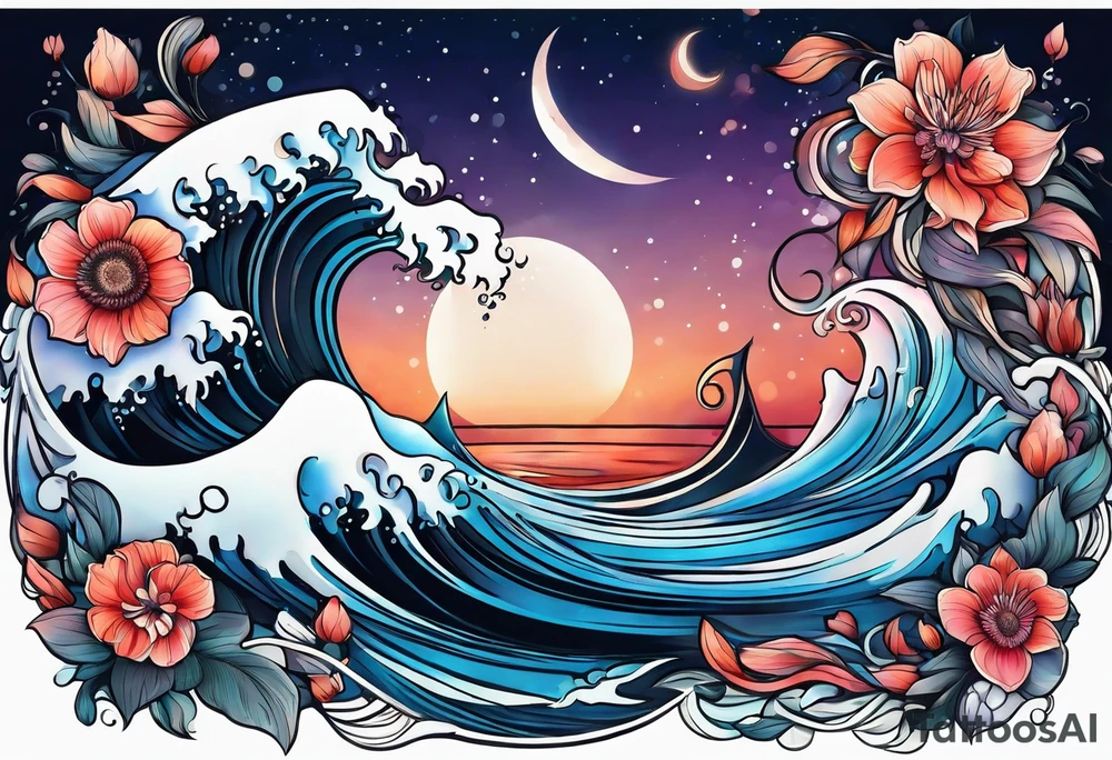 sea,, night, flower, tattoo idea