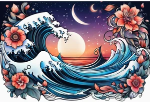 sea,, night, flower, tattoo idea