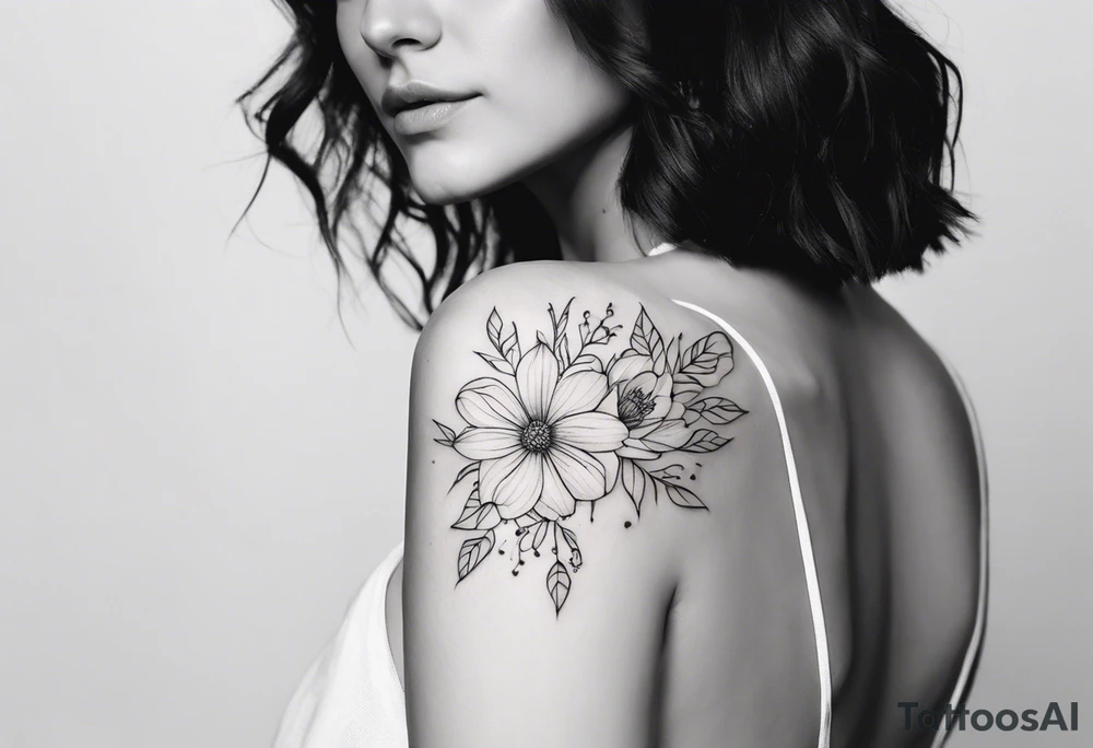 fine line, small flowers, shoulder, tribal tattoo idea