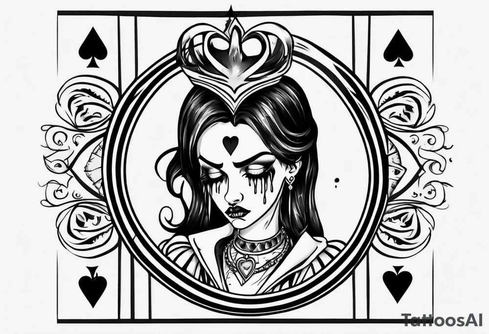 simple queen of hearts crying black tears, with blank eyes tattoo idea