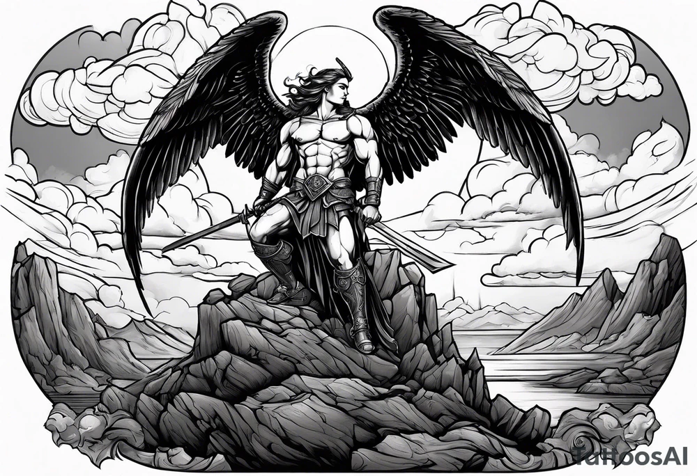 Michael the Archangel standing on top of the devil laying on rock over hot lava.  Clouds and lightning in background. tattoo idea