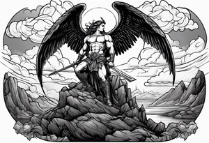 Michael the Archangel standing on top of the devil laying on rock over hot lava.  Clouds and lightning in background. tattoo idea
