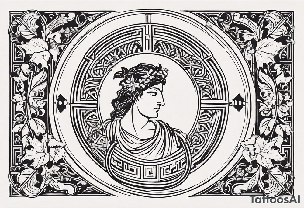 "Design a minimalist round tattoo inspired by ancient Greek art, centered around Dionysus and his love for theater. Create a circular composition with Dionysus depicted in the center, holding a theatrical mask and a goblet of wine. Surround him with simple yet symbolic elements such as grapevines, ivy leaves, or geometric patterns reminiscent of ancient Greek pottery. Ensure the design maintains a minimalist style, with clean lines and limited detail, while capturing the essence of Dionysus's affinity for both wine and theater within the circular frame." tattoo idea