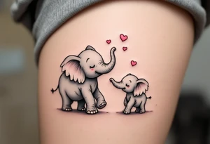 A mother elephant in grey ink walking trunk-to-tail with her baby, with pink hearts floating above, shows gentle guidance and love. tattoo idea