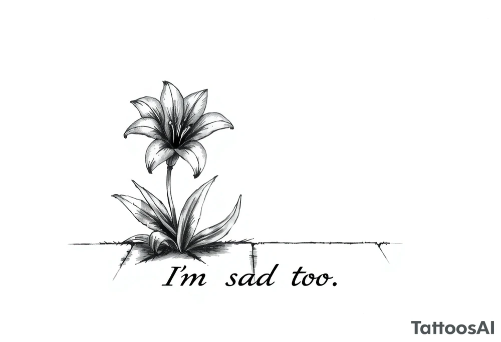 Lily growing out of tile floor with the words I’m sad too written small in the grout between two tiles tattoo idea