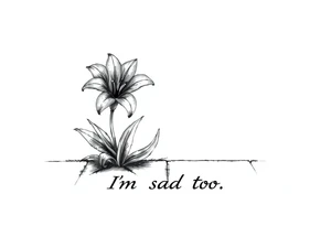 Lily growing out of tile floor with the words I’m sad too written small in the grout between two tiles tattoo idea