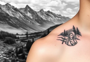 Mountainous valley with creek and a few trees with a Russian orthodox kazan scene covering my shoulder entering my upper arm with a Russian orthodox Virgin Mary tattoo idea