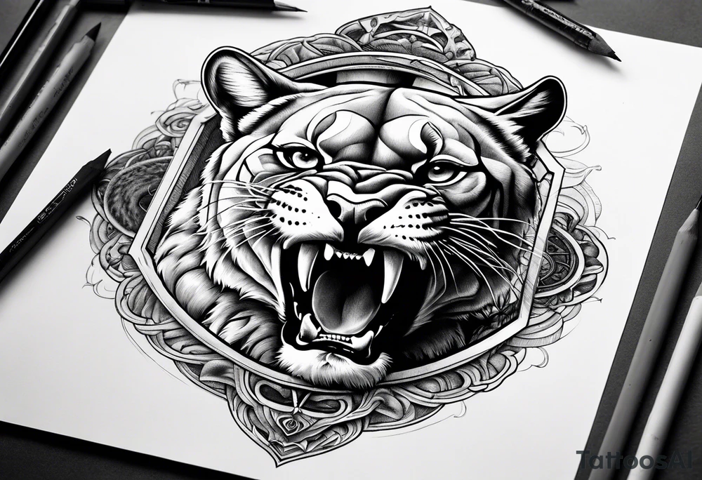 Brain in sagittal section and angry cougar inside hourglass tattoo idea Brain in sagittal section and angry cougar inside hourglass tattoo idea