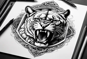 Brain in sagittal section and angry cougar inside hourglass tattoo idea