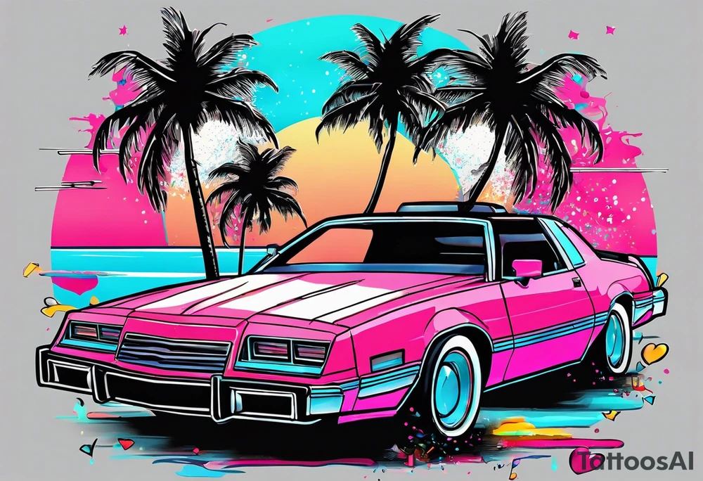 1980's miami vice style dance party with boom box, confetti, music notes in a retro eighties beach theme tattoo idea