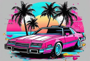 1980's miami vice style dance party with boom box, confetti, music notes in a retro eighties beach theme tattoo idea