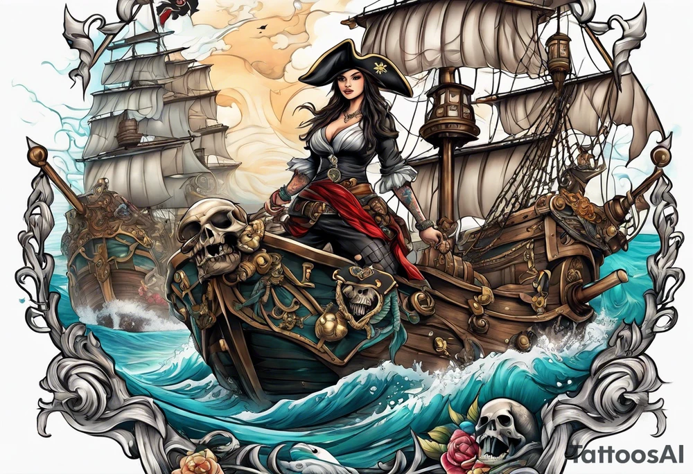 sexy female pirates with a group of skull pirates and a sea monster tattoo idea