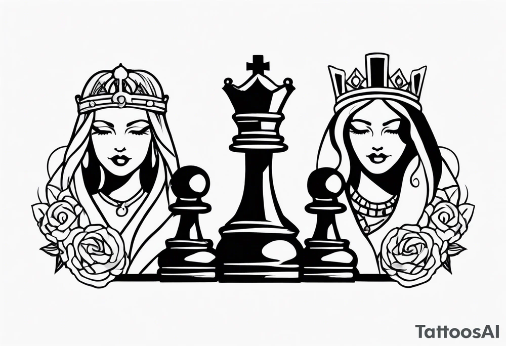 chess queen piece with two pawns on her side spiritual style tattoo idea