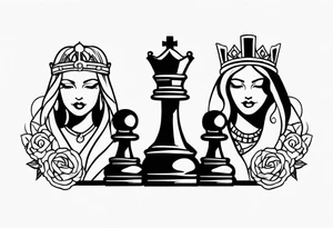 chess queen piece with two pawns on her side spiritual style tattoo idea