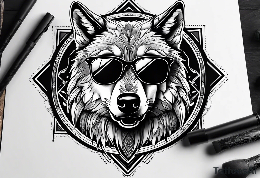 Badass wolf wearing sunglasses tattoo idea