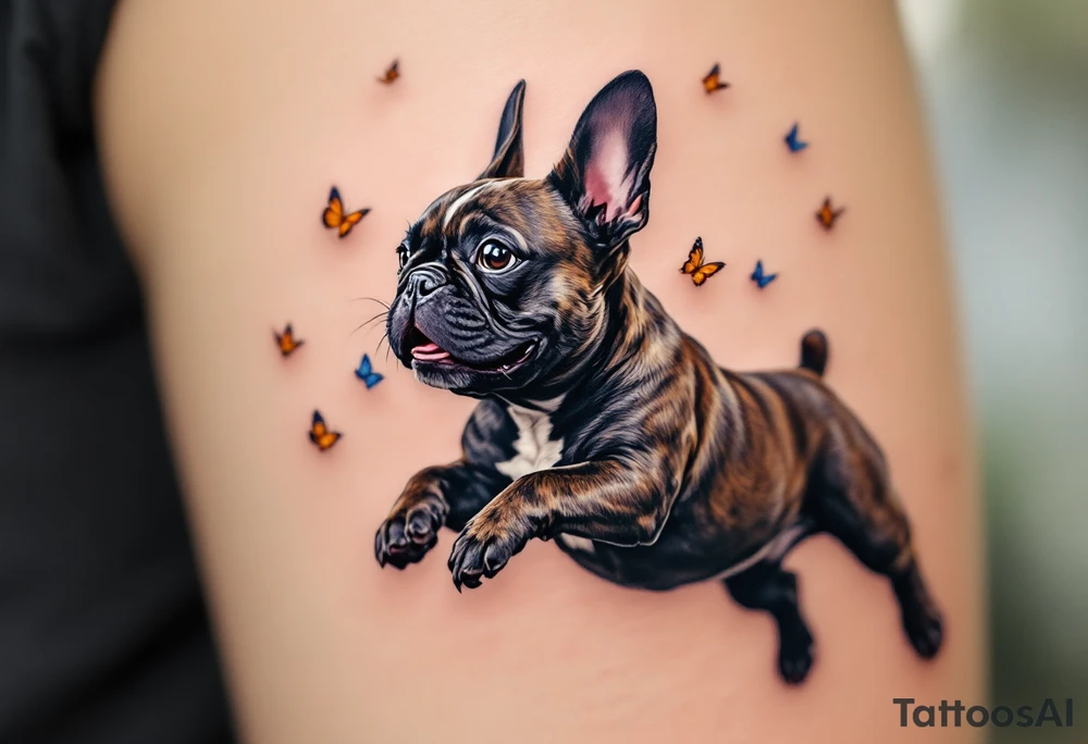 French Bulldog chasing butterflies, mid-leap with joyful expression, brindle coat with small orange and blue butterflies around. tattoo idea