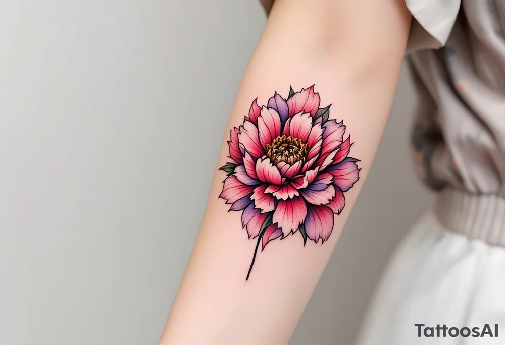 A large peony flower in shades of red and purple with bold black outlines. tattoo idea
