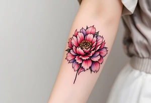 A large peony flower in shades of red and purple with bold black outlines. tattoo idea