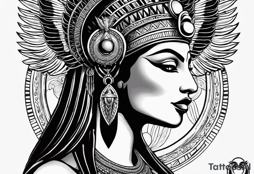 black and white Egyptian goddess Isis, who is often depicted as a woman with outstretched wings, holding an ankh (a symbol of life) in one hand and a lotus flower in the other. Her headdress often includes a throne or a solar disk. The tattoo design can vary in style and size, but it typically aims to capture the essence of this revered Egyptian deity, emphasizing her beauty, power, and maternal qualities. The choice of colors and additional elements can also be customized to create a unique and visually striking representation of the goddess Isis tattoo idea