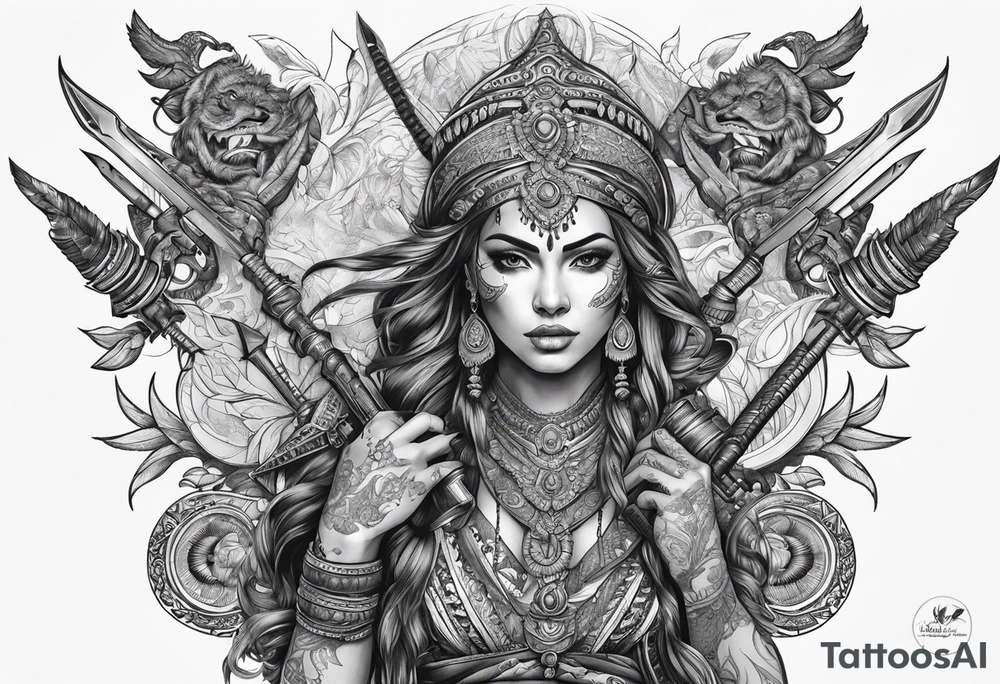 kaali with multiple arms with weapons tattoo idea