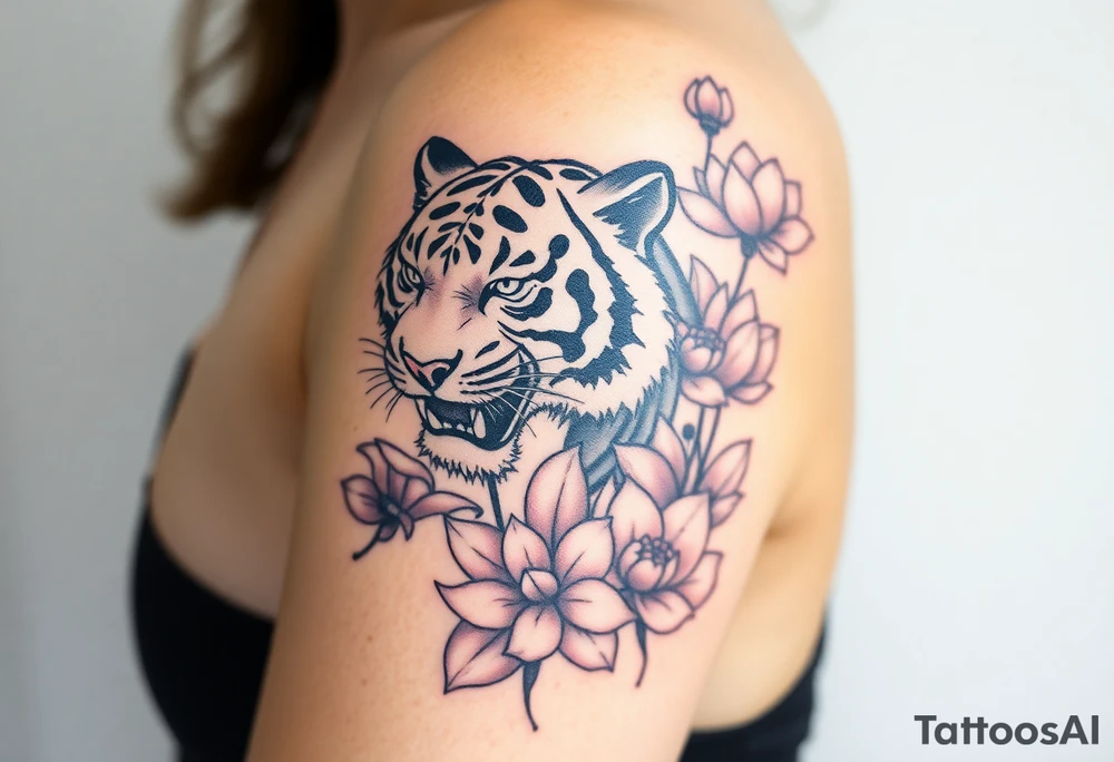 fierce tiger emerging through blooming lotus flowers in mist tattoo idea