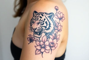 fierce tiger emerging through blooming lotus flowers in mist tattoo idea