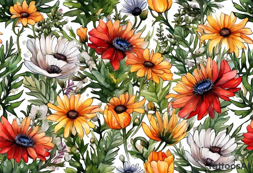 an oval of wildflowers cascading with thistles, ferns, white anemones, sun flowers, red flowers, black flowers, buttercups, orange flowers, babys breath and daisies all in watercolor tattoo idea
