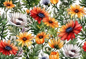 an oval of wildflowers cascading with thistles, ferns, white anemones, sun flowers, red flowers, black flowers, buttercups, orange flowers, babys breath and daisies all in watercolor tattoo idea