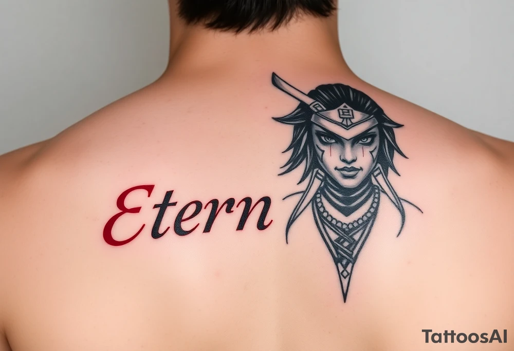 Eternity in elegant font in red and samurai girl with an over her face tattoo idea