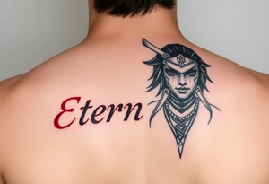 Eternity in elegant font in red and samurai girl with an over her face tattoo idea