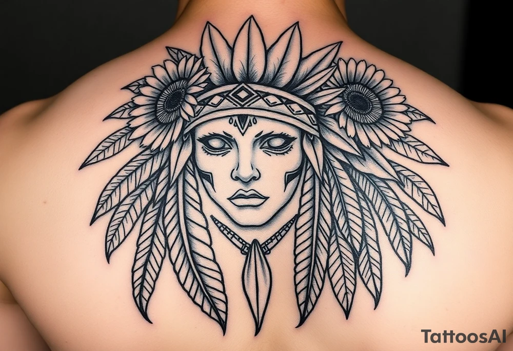 Native american medusa with blank eyes as well as feathers and sunflowers in her hair tattoo idea