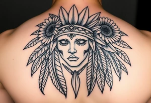 Native american medusa with blank eyes as well as feathers and sunflowers in her hair tattoo idea