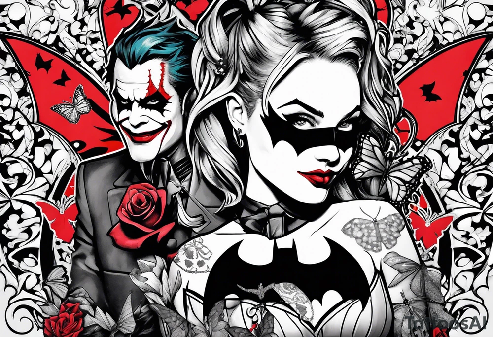 Small Batman and joker with Harley Quinn tattoo with butterflies and lots of color tattoo idea