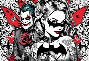 Small Batman and joker with Harley Quinn tattoo with butterflies and lots of color tattoo idea