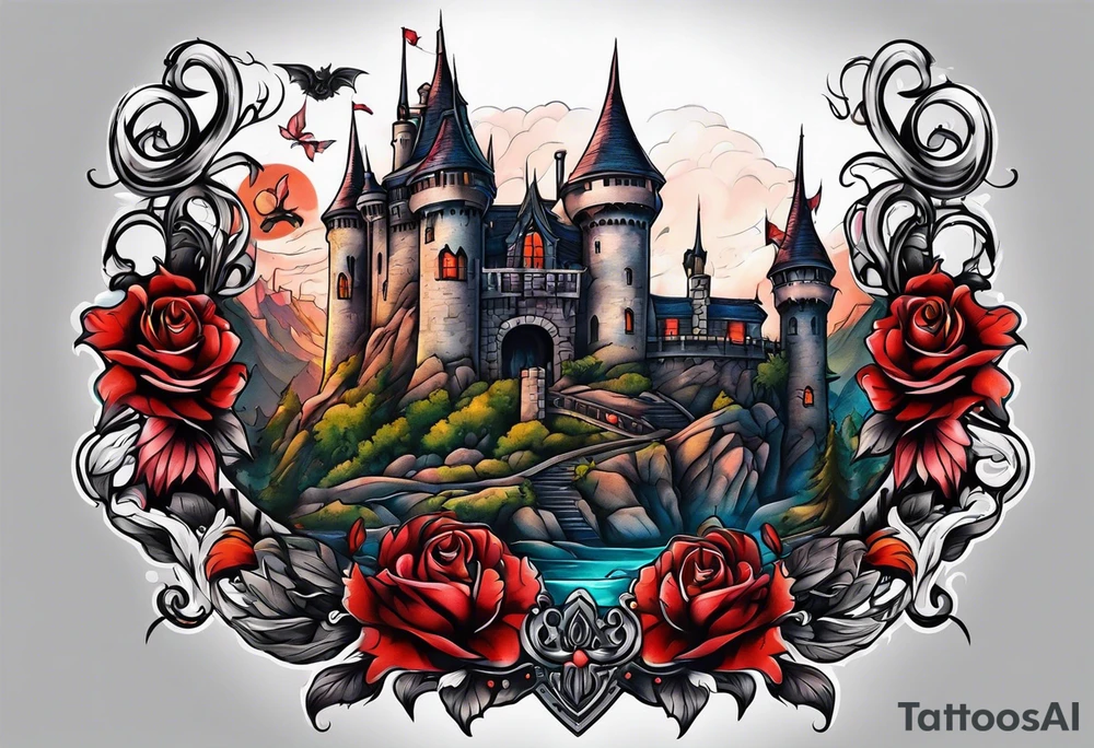 Horror tattoo with castle and monsters tattoo idea