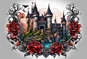Horror tattoo with castle and monsters tattoo idea