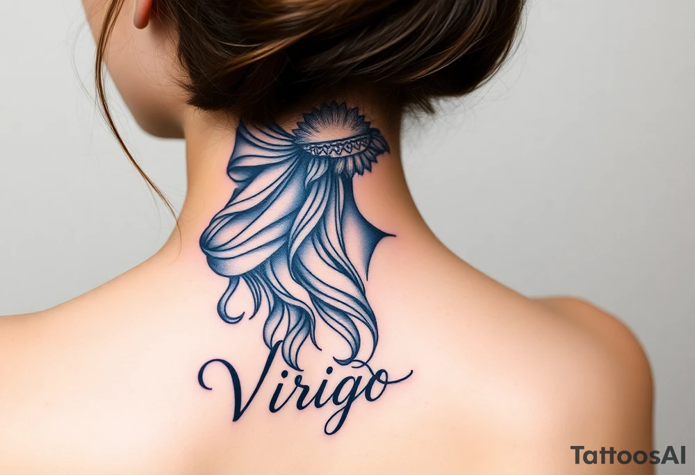 A detailed profile of a serene goddess with silver and deep navy shading and the word virgo tattoo idea