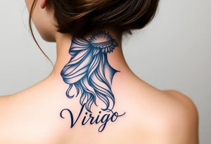A detailed profile of a serene goddess with silver and deep navy shading and the word virgo tattoo idea