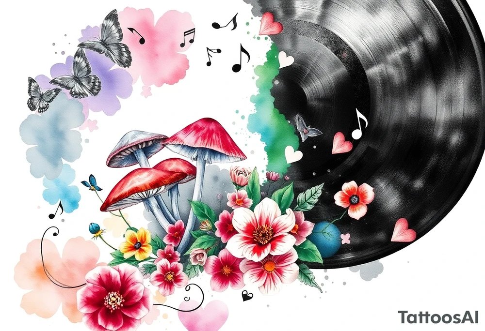 vinyl record with mushrooms, flowers, hearts, and music notes tattoo idea