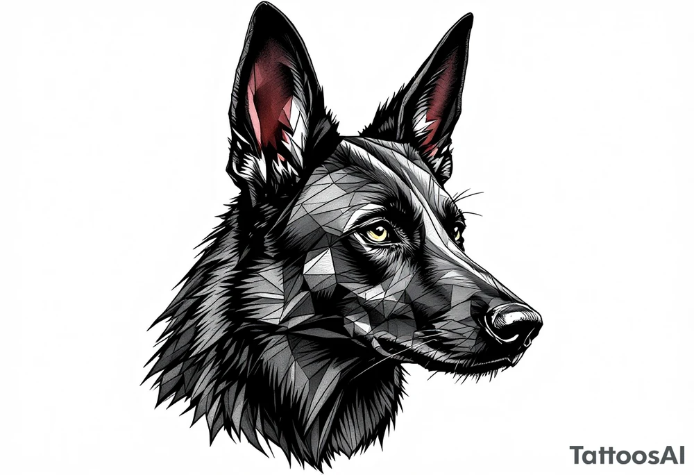 a creature that looks strongly like a black Labrador and a black German Shepard , resembling Anubis, with the tall pointy ears of a jackal, the top of one ear floppy , looking back, serious and daring tattoo idea