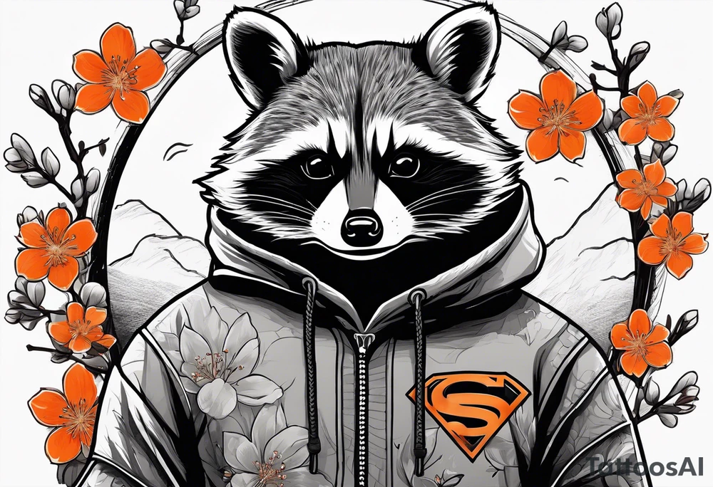 raccoon wearing a Superman hoodie with black and white logo and orange Japanese cherry blossoms tattoo idea