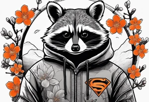 raccoon wearing a Superman hoodie with black and white logo and orange Japanese cherry blossoms tattoo idea