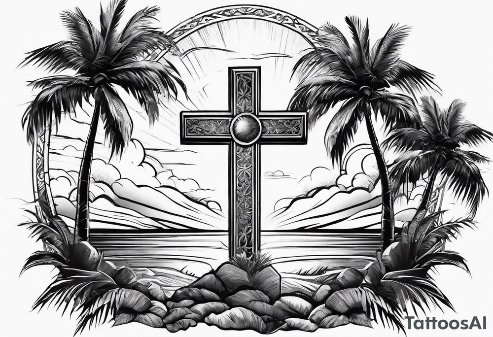 Palm tree and cross sleeve tattoo idea