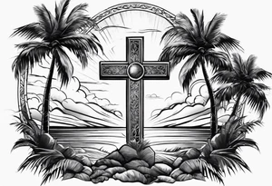 Palm tree and cross sleeve tattoo idea