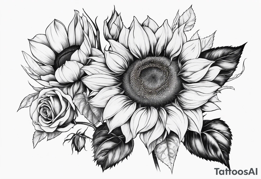 Sunflower and rose flower tattoo idea