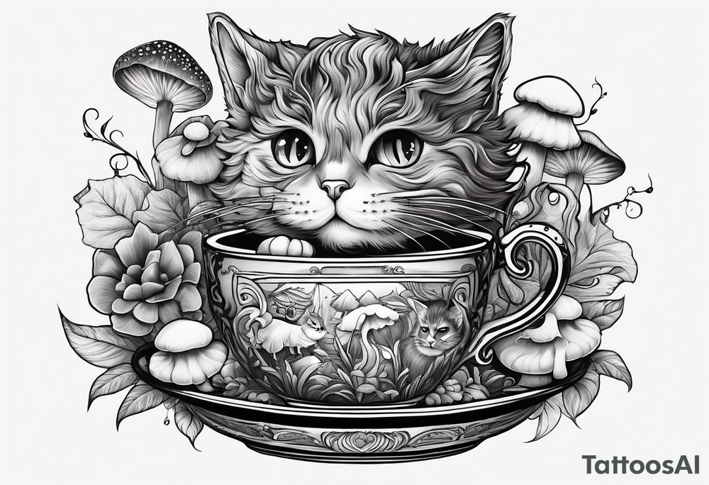 A mysterious cat with a hot mushrooms cup of tea tattoo idea
